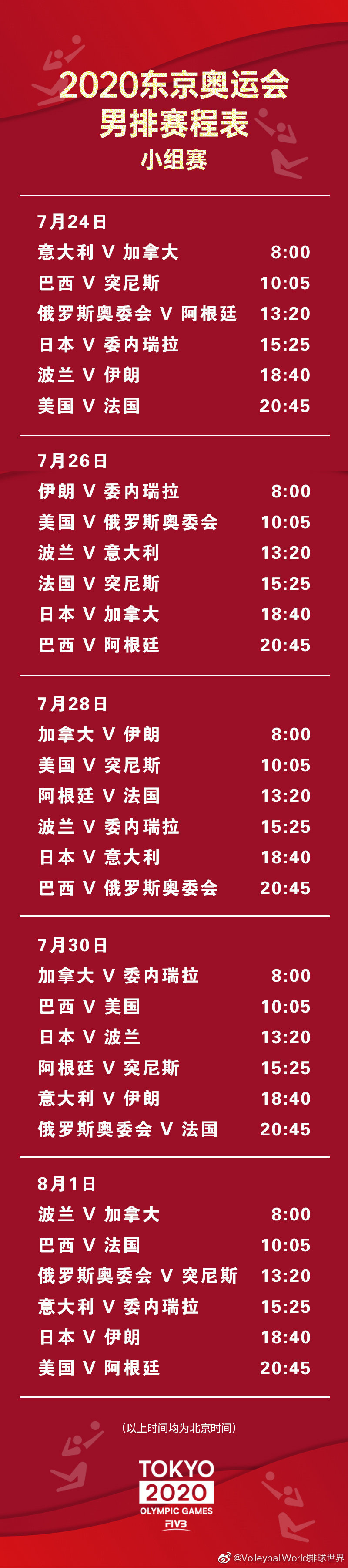 国际排联官方微博发布东京奥运会男女排小组赛赛程 虎扑