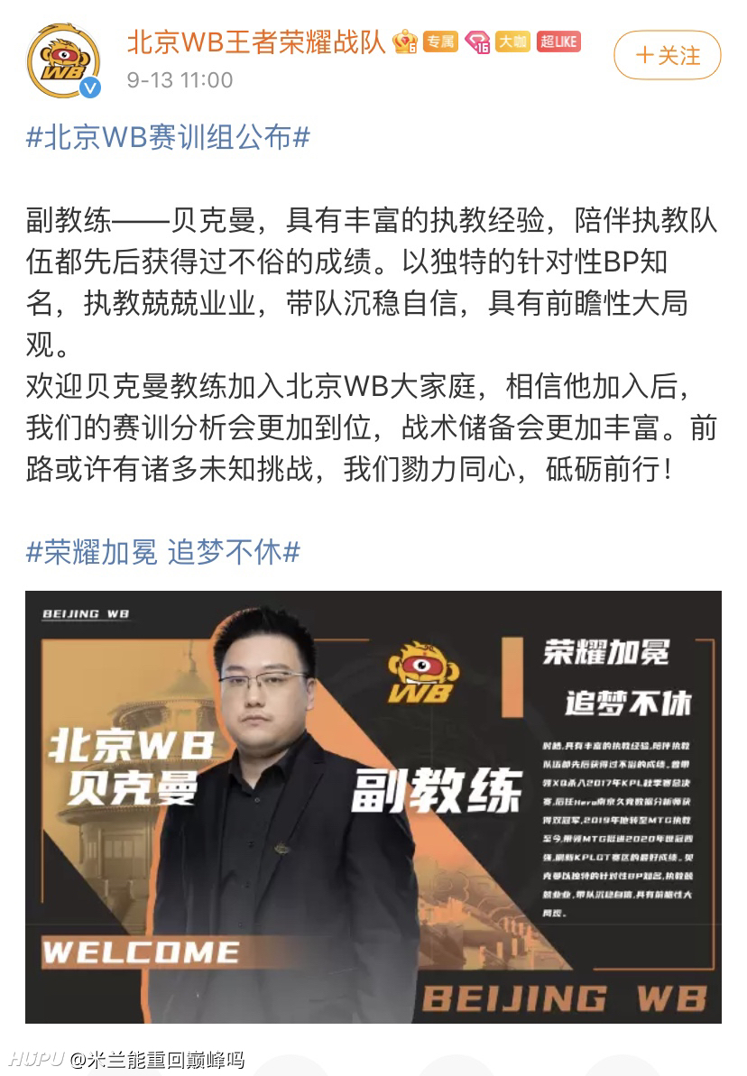 官宣了贝克曼去wb当副教练