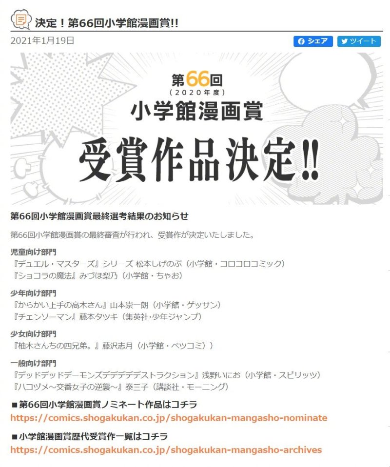 电锯人 擅长捉弄的高木同学 获得第66回小学馆 少年向部门 漫画赏 虎扑